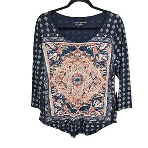 Lucky Brand Women's Boho Persian Carpet Lightweight Tee Mandala Geometric Medium